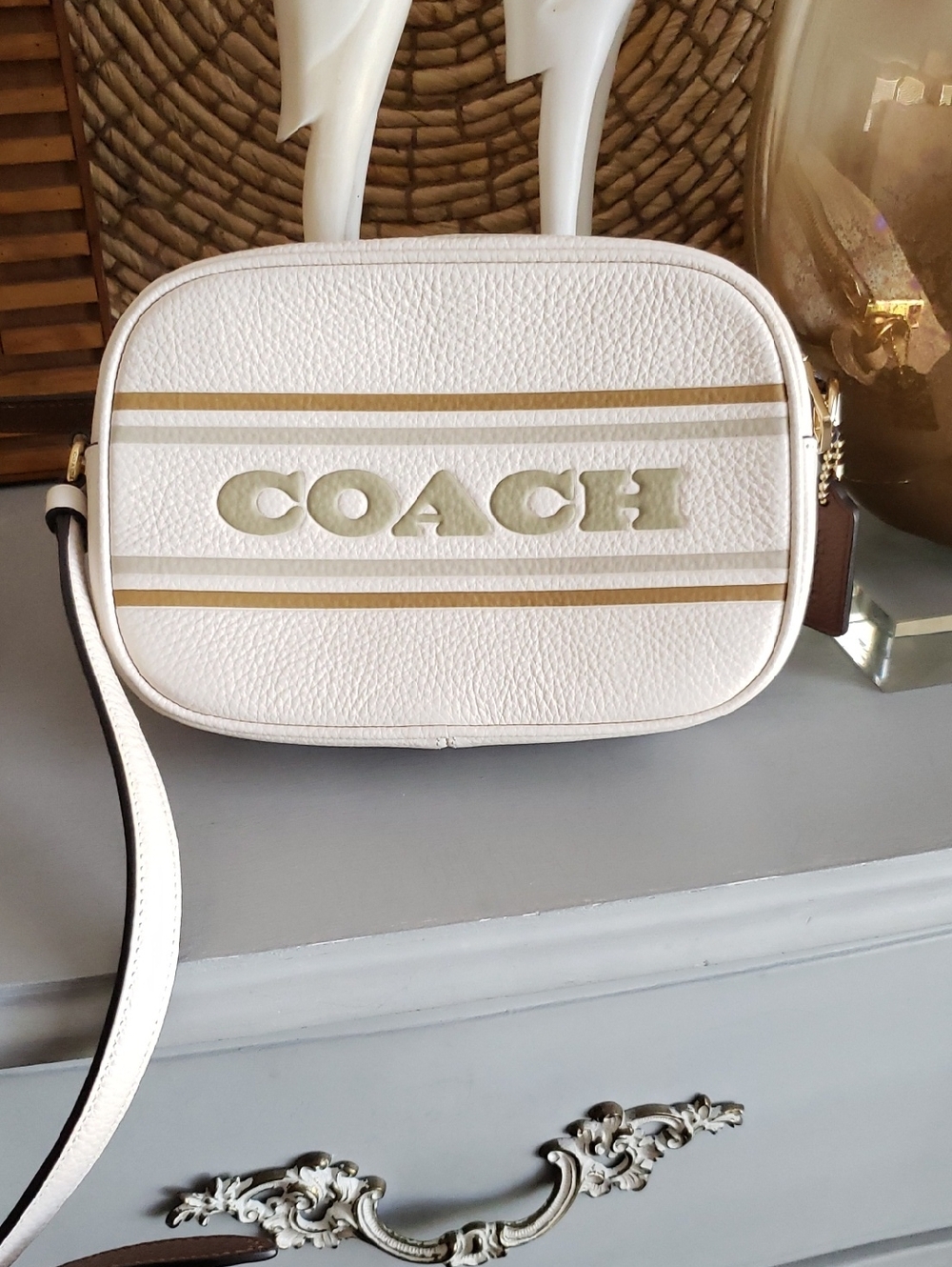Coach White/Cream Pebbled Leather Crossbody with Brown And Grey Stripes